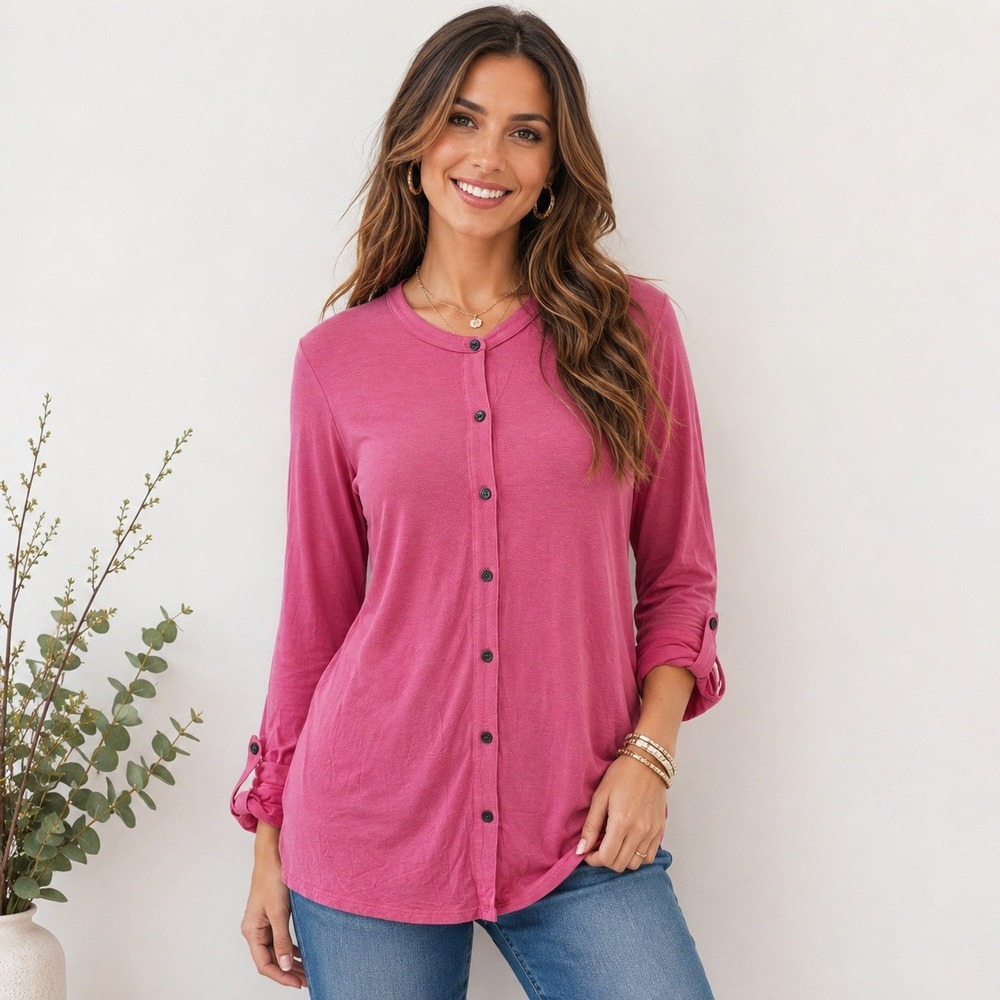 JJill Pink Rayon Stretch Button Down Roll Tab Sleeve Top Womens Medium